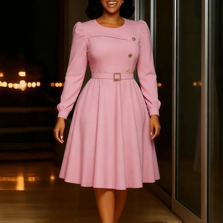 Elegant Church Women A Line Dresses O Neck Long Sleeve Waist Belt High Waist Pleated