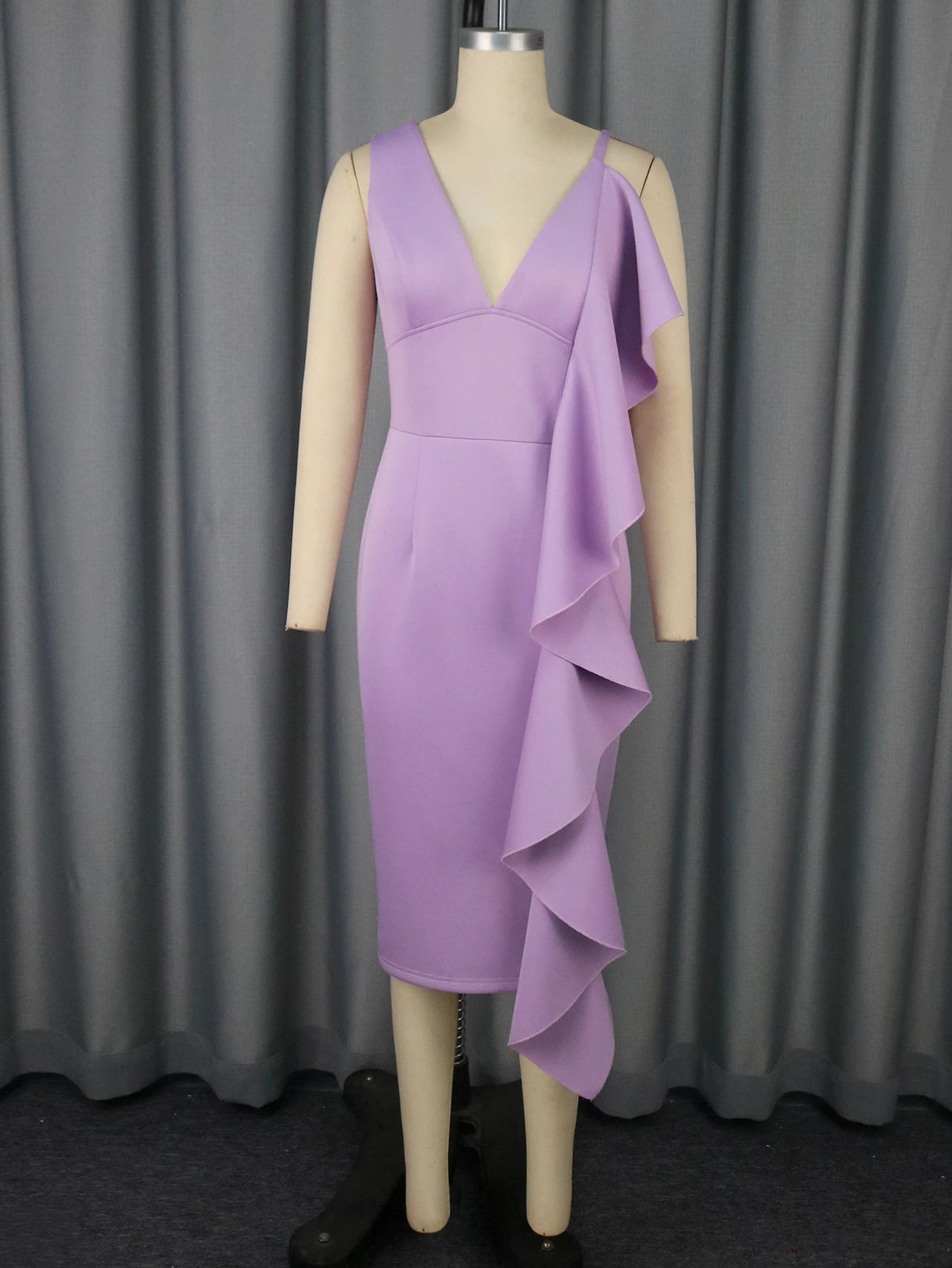 Women's Ruffled Midi Dress Sleeveless Deep V-Neck Bodycon Fit with Asymmetric Flounce