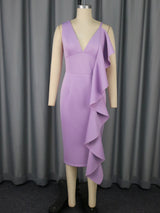 Women's Ruffled Midi Dress Sleeveless Deep V-Neck Bodycon Fit with Asymmetric Flounce