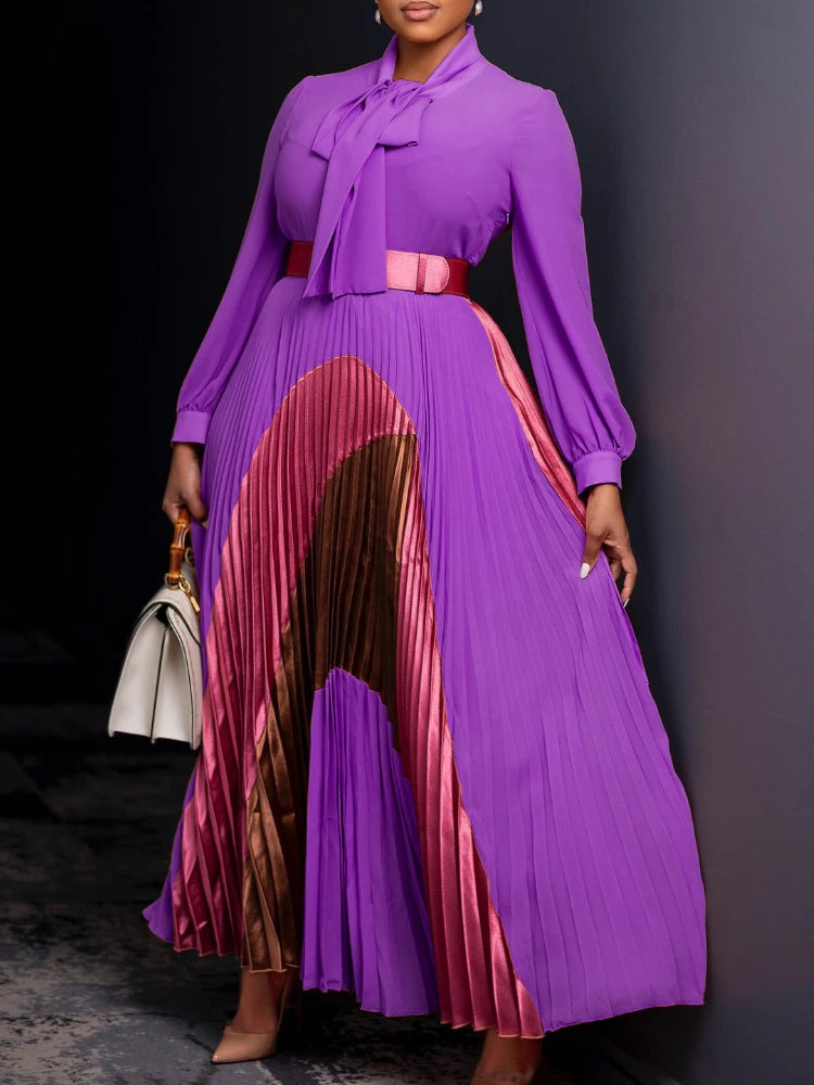 Elegant Women Pleated Maxi Dress Autumn New Lace Up Pleated Long Sleeves