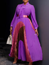 Elegant Women Pleated Maxi Dress Autumn New Lace Up Pleated Long Sleeves