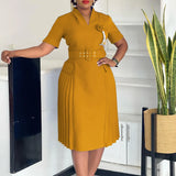 AOMEIDRESS Elegant Dresses V Neck Short Sleeves Pleated Belt 3D Flowers