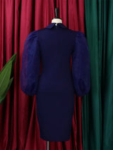 Women Long Lantern Sleeves Dress Turn Down Collar Autumn Fashion