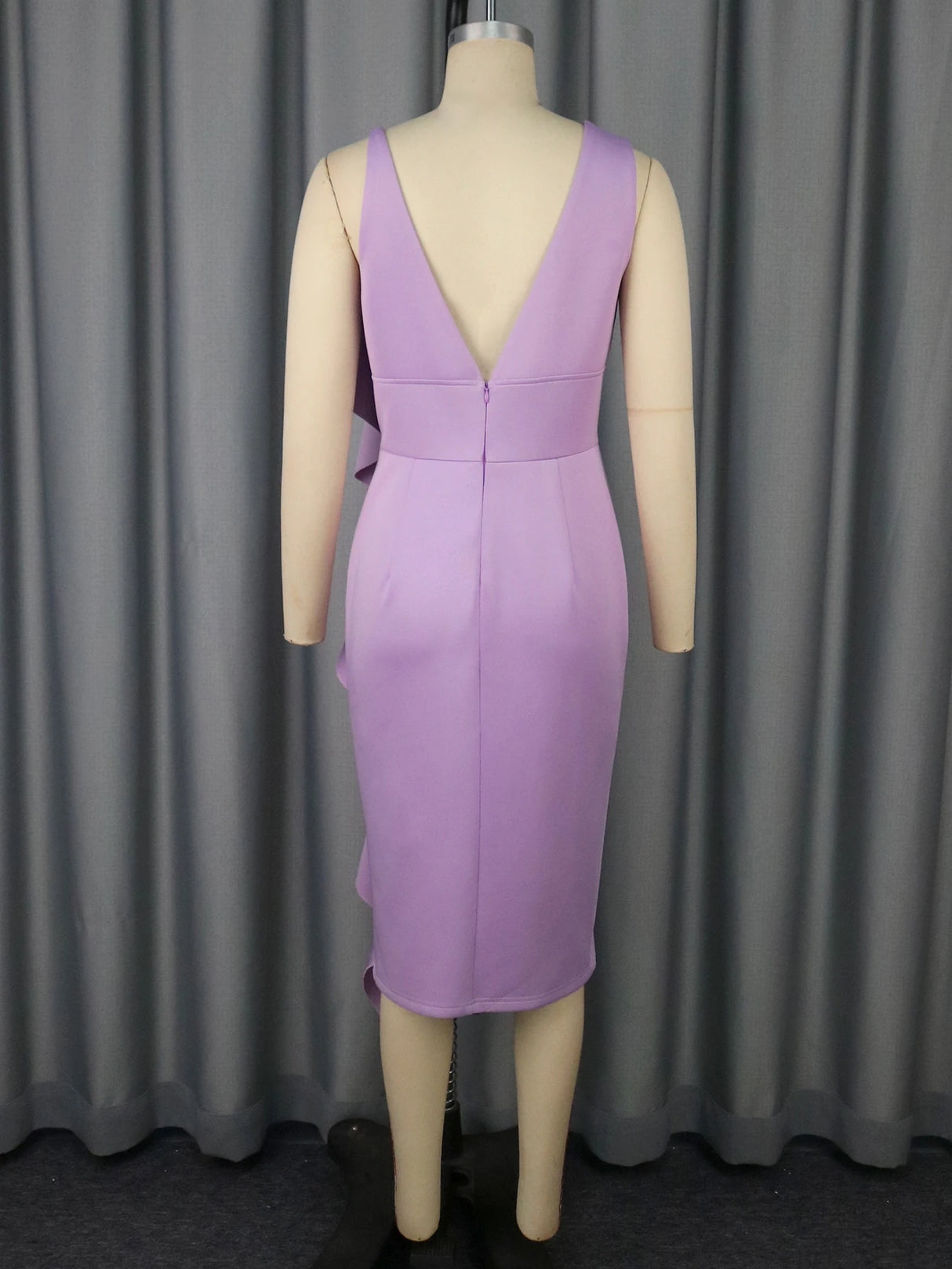 Women's Ruffled Midi Dress Sleeveless Deep V-Neck Bodycon Fit with Asymmetric Flounce
