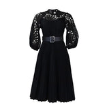 Elegant Church Dresses for Women Lace Hollow Out Patchwork Pleated Female Gowns