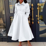 Women Autumn New Item Wrinkled Lapel Long Sleeved A-line Dress