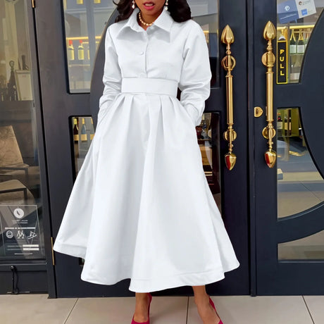 Women Autumn New Item Wrinkled Lapel Long Sleeved A-line Dress