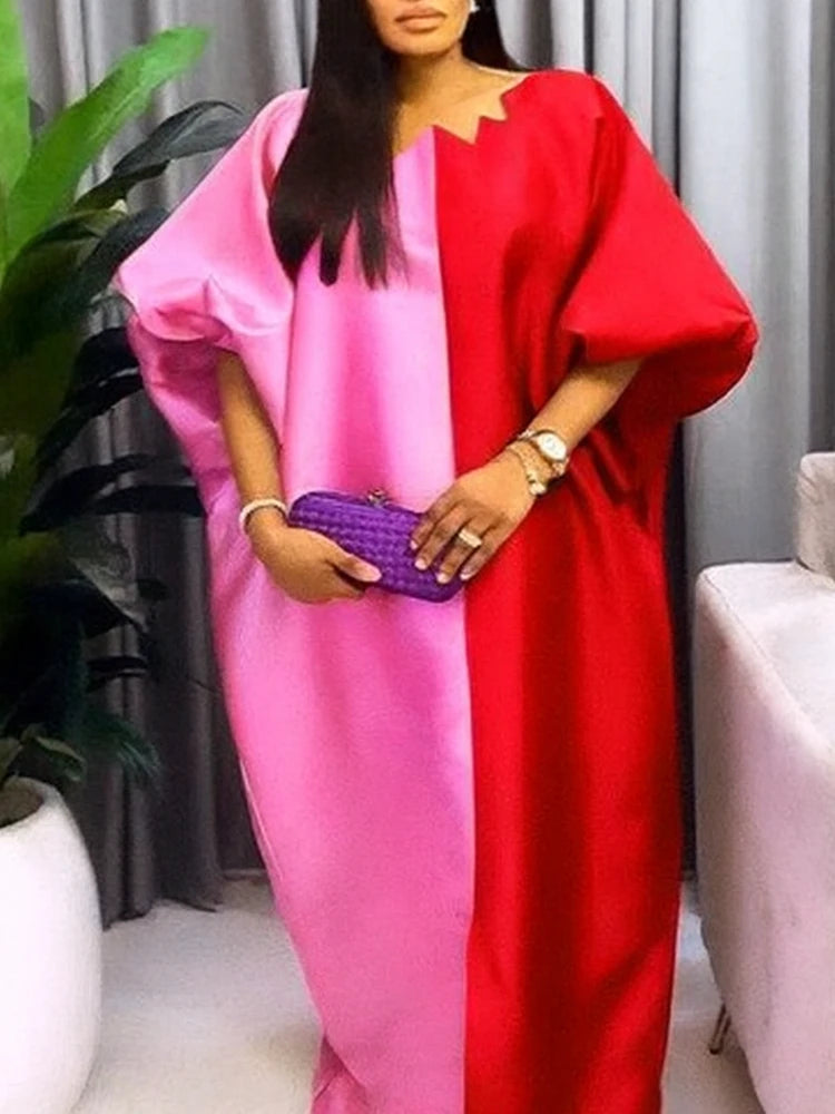 Women Shiny Bubu Kaftan Dresses for Church Color Block African Dresses