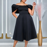 Women A Line Pleted Party Dress Elegant Short Sleeves Off Shoulder