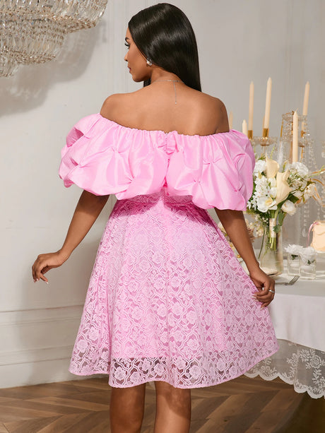 Women's Pink Off-Shoulder Dress Ruffled Puff Sleeves Floral Lace