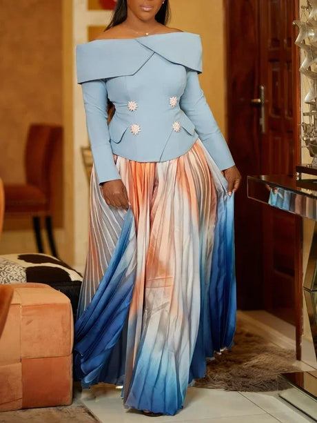 Women's Two Piece Set Elegant Off Shoulder Suit Tops Printed Loose Long Pleated Skirt