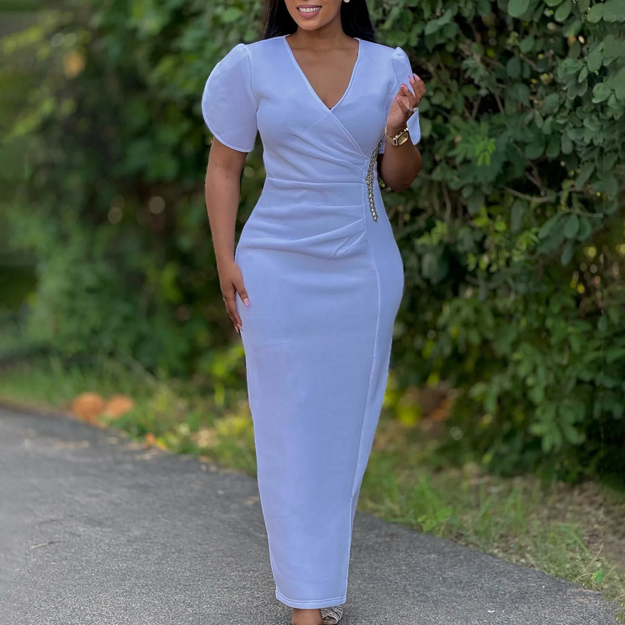 Women Pink Bodycon Long Dresses V Neck Short Sleeves Church