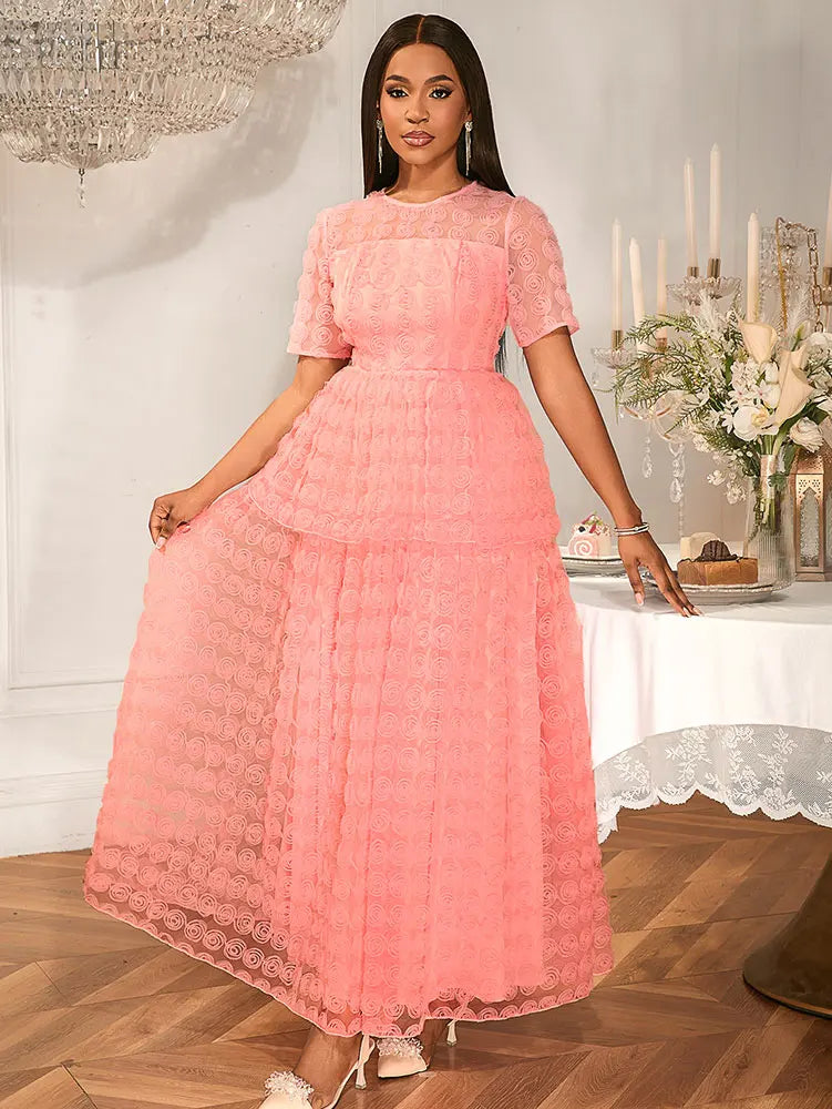 Women Pink Lace Maxi Dress Short Sleeve O-Neck Elegant Floral Pattern