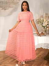 Women Pink Lace Maxi Dress Short Sleeve O-Neck Elegant Floral Pattern