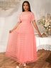 Women Pink Lace Maxi Dress Short Sleeve O-Neck Elegant Floral Pattern