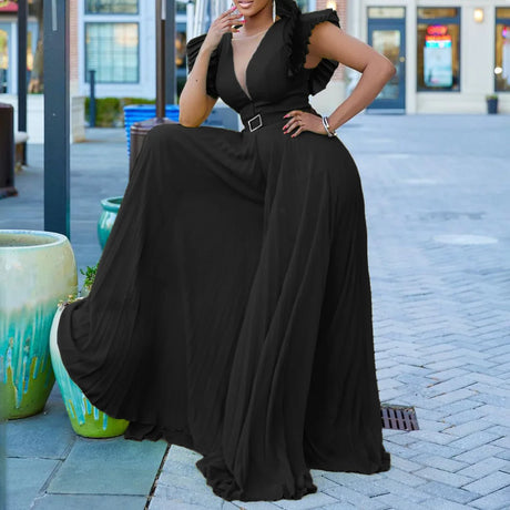 Women Wide Leg Jumpsuits Pleated High Waist V Neck Ruffles African Female One Piece Rompers