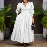 Elegant Shirt Dresses Women Turn Down Collar Long Puff Sleeve