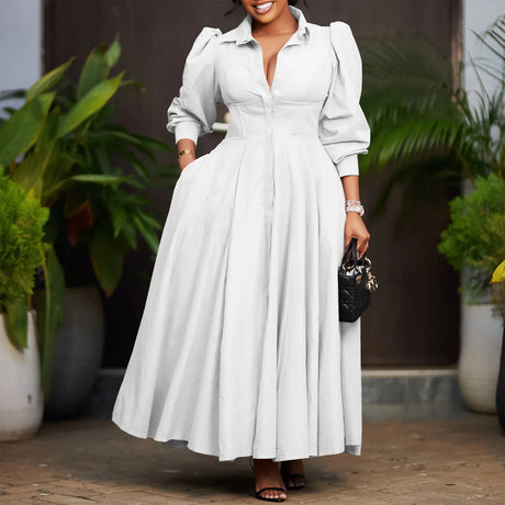 Elegant Shirt Dresses Women Turn Down Collar Long Puff Sleeve