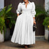 Elegant Shirt Dresses Women Turn Down Collar Long Puff Sleeve