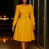 Elegant Church Women A Line Dresses O Neck Long Sleeve Waist Belt High Waist Pleated