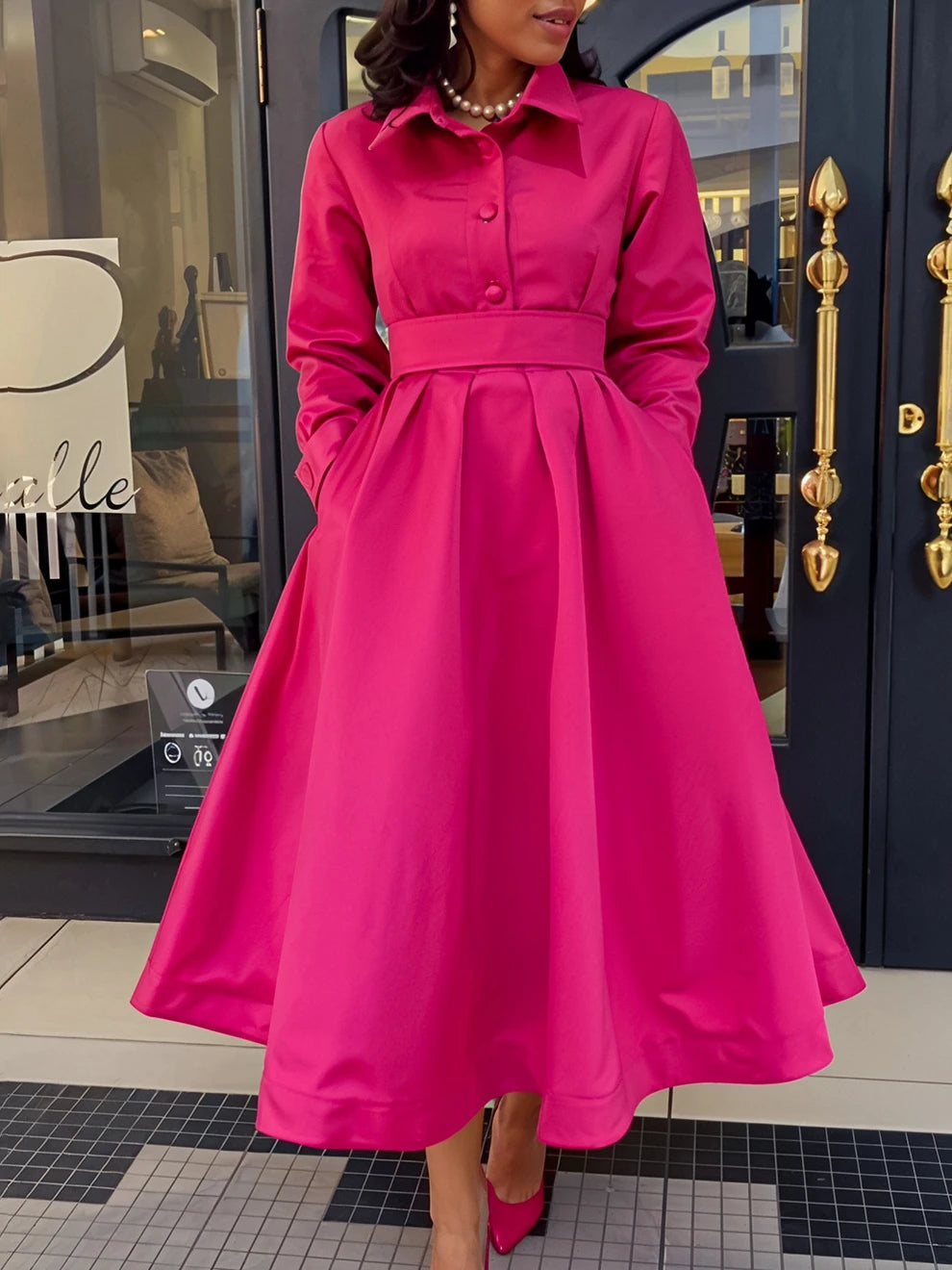 Women Autumn New Item Wrinkled Lapel Long Sleeved A-line Dress
