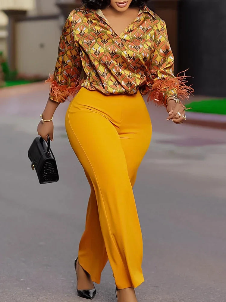 Elegant Two Pieces Set Printed Blouse Tops Long Sleeves with Feather High Waist Pants