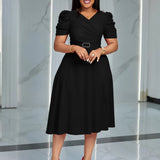 Women Pleated A Line Dresses V Neck Short Sleeves Classy Elegant Office