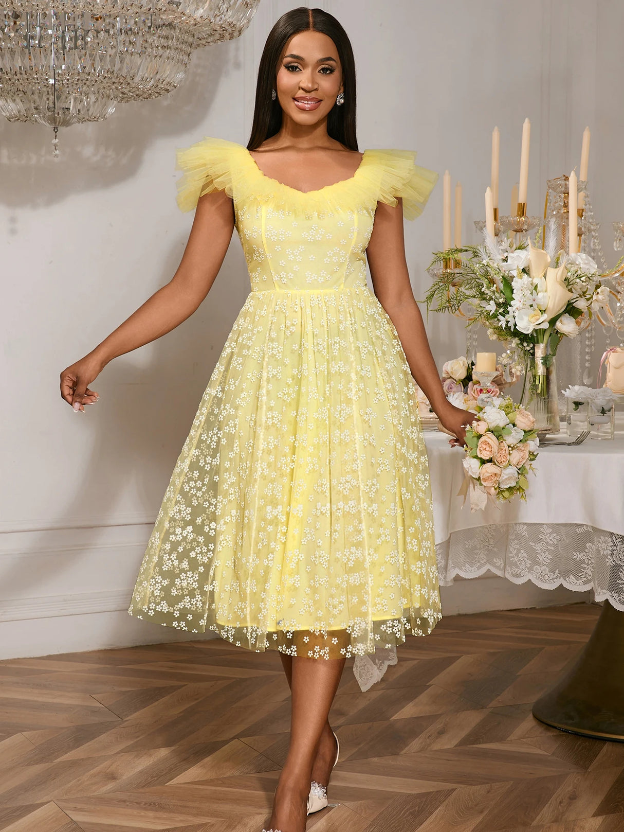 Square Collar A Line Mesh Dress French Style Elegant Floral Embroidery Midi Party Dresse