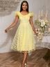 Square Collar A Line Mesh Dress French Style Elegant Floral Embroidery Midi Party Dresse