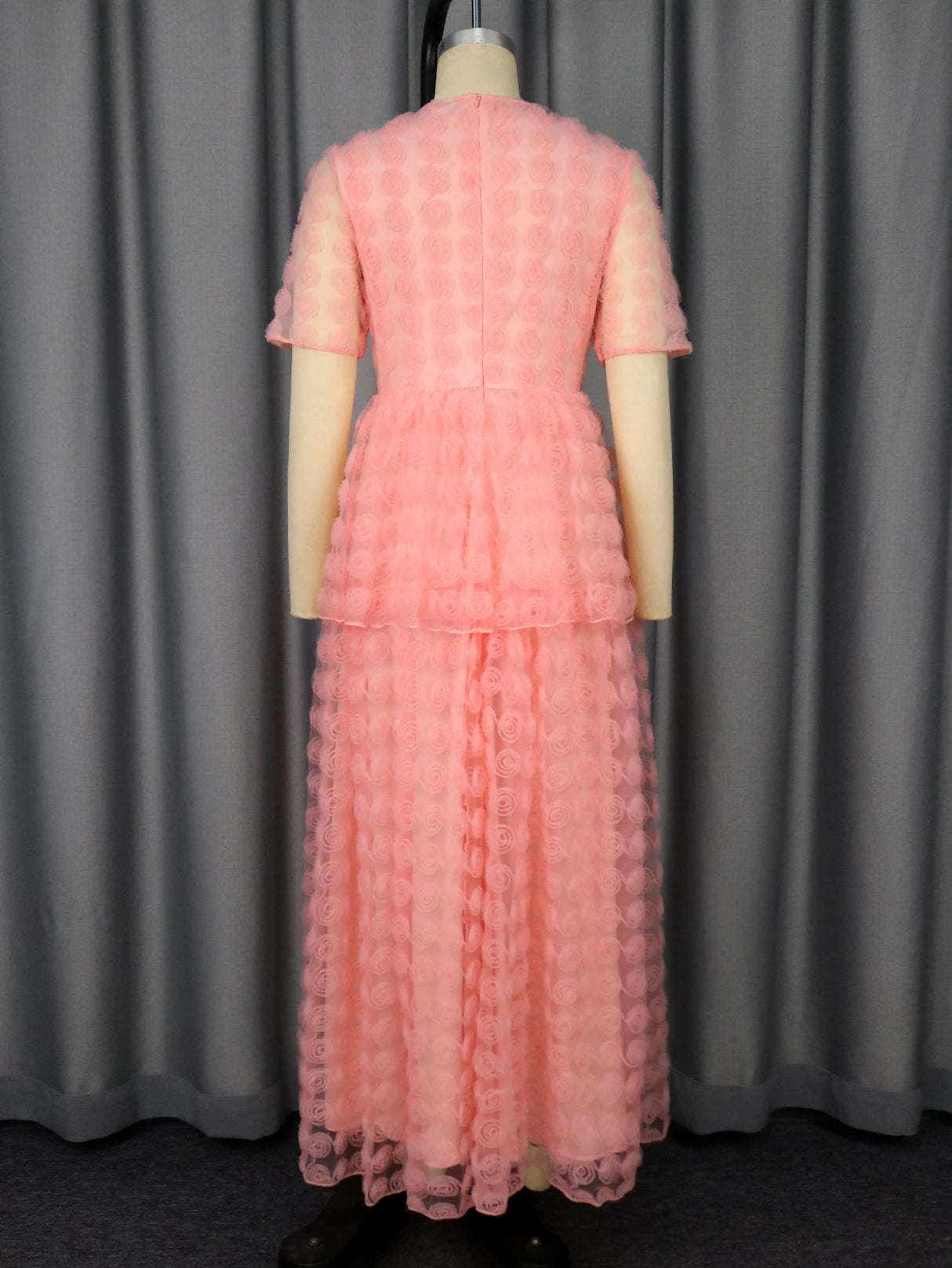 Women Pink Lace Maxi Dress Short Sleeve O-Neck Elegant Floral Pattern