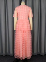 Women Pink Lace Maxi Dress Short Sleeve O-Neck Elegant Floral Pattern