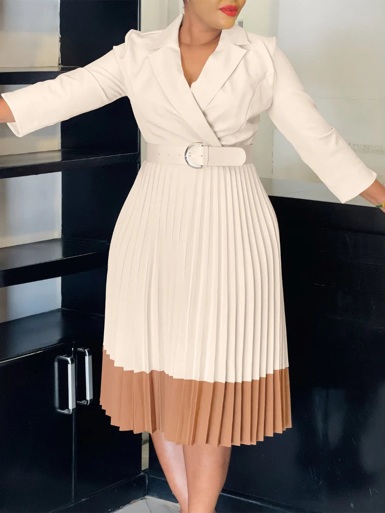 AOMEIDRESS Elegant Pleated Dress Notched Collar Wrist Sleeve Color Block