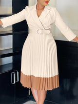 AOMEIDRESS Elegant Pleated Dress Notched Collar Wrist Sleeve Color Block