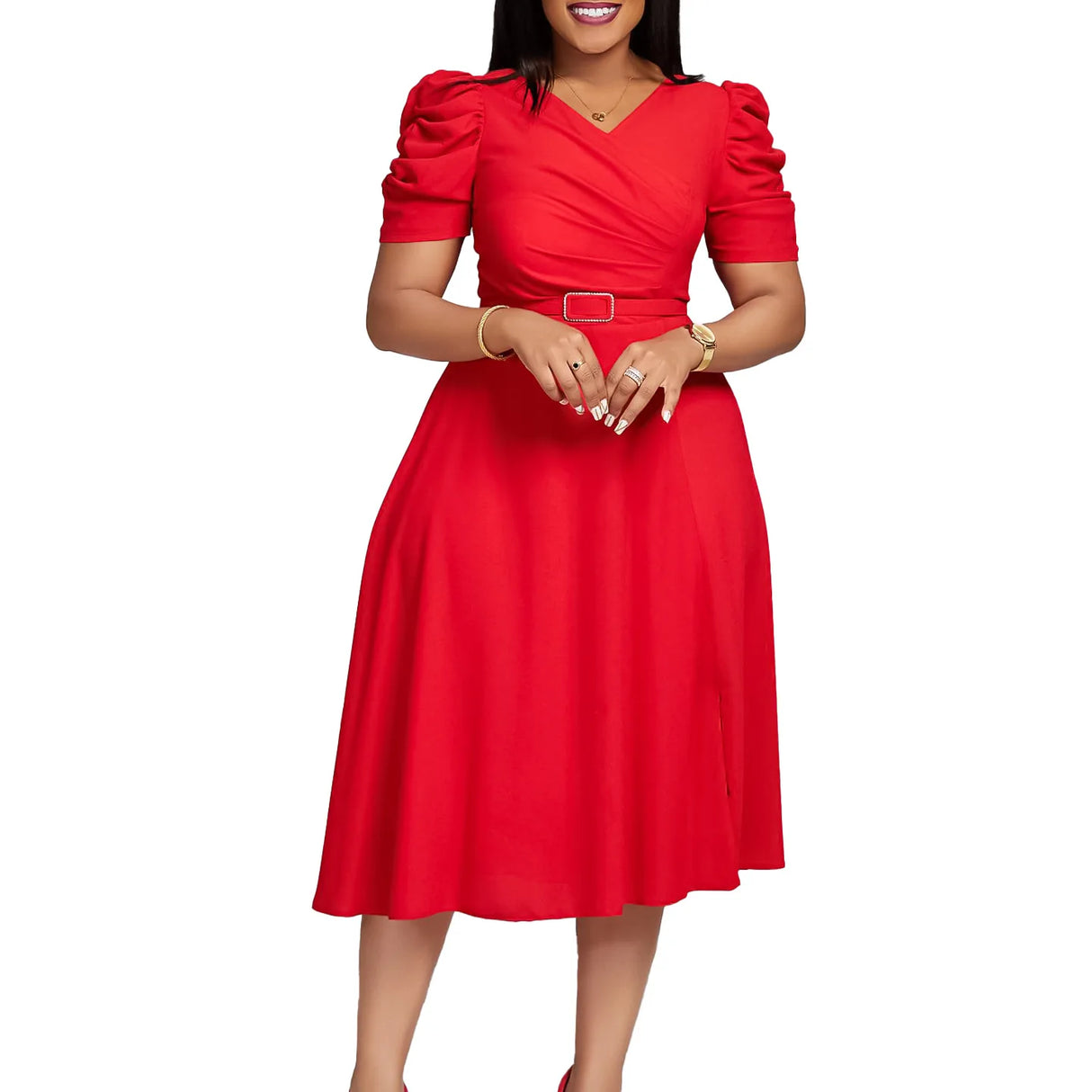 Women Pleated A Line Dresses V Neck Short Sleeves Classy Elegant Office