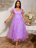 Women's Purple Floral Embroidered Organza Dress Sweetheart Neck Puff Short Sleeves