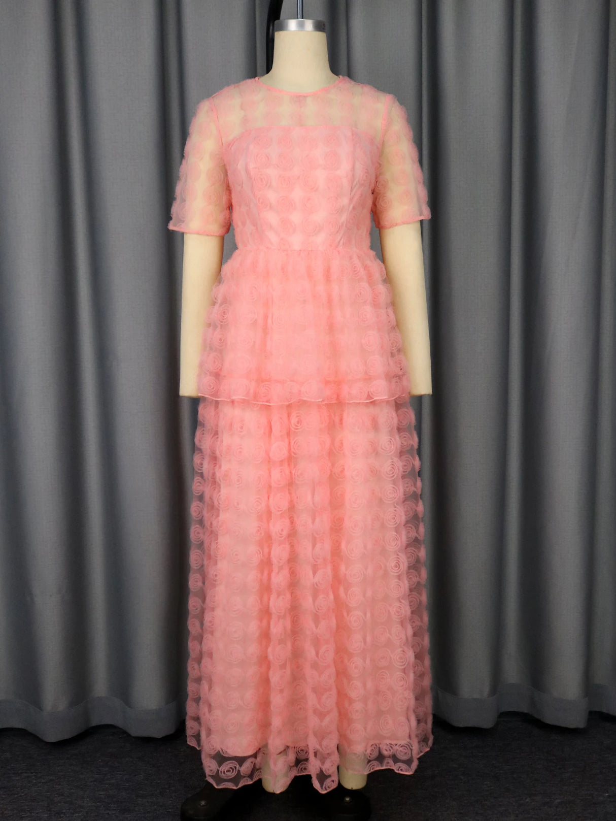 Women Pink Lace Maxi Dress Short Sleeve O-Neck Elegant Floral Pattern