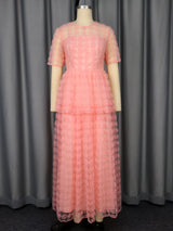 Women Pink Lace Maxi Dress Short Sleeve O-Neck Elegant Floral Pattern