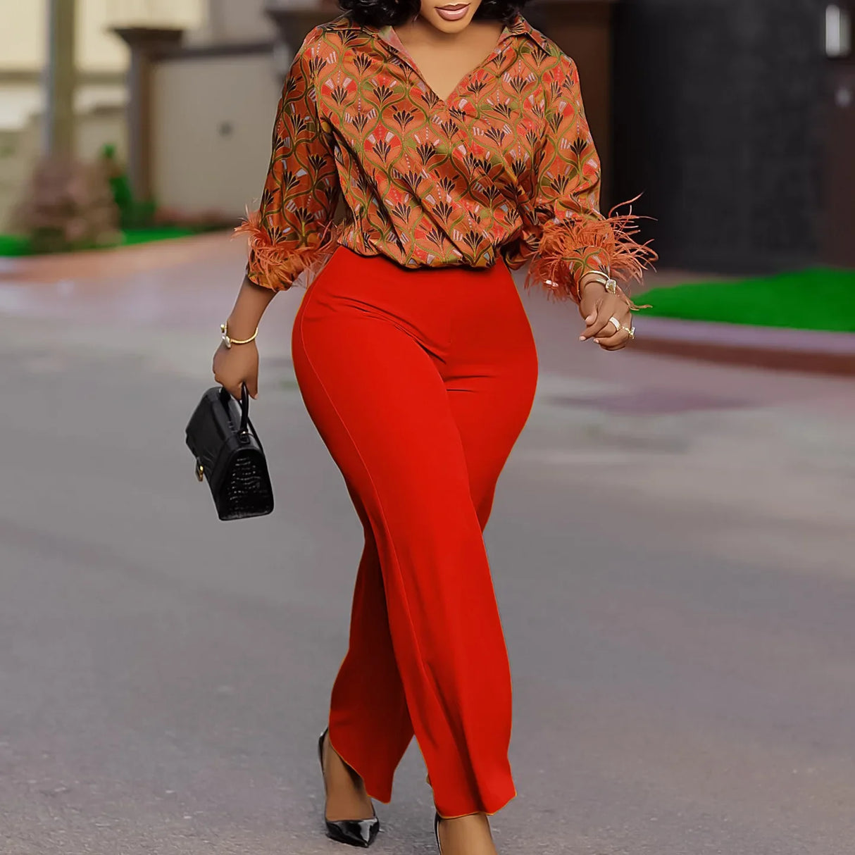 Elegant Two Pieces Set Printed Blouse Tops Long Sleeves with Feather High Waist Pants