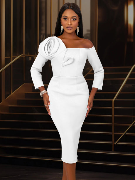 Women One Shoulder Midi Dresswith 3D Flower Asymmetric Sleeve