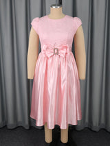 Pink Satin Midi Dress Short Sleeves Patchwork Rose Jacquard O-Neck Bow A Line