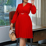 Women Elegant Pleated Dress V Neck Long Lantern Sleeve High Waist