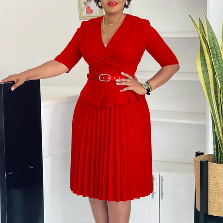 Elegant Church Dresses for Women V Neck Peplum Pleated Waist Belt