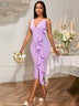Women's Ruffled Midi Dress Sleeveless Deep V-Neck Bodycon Fit with Asymmetric Flounce