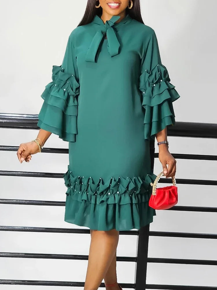 Women Shirt Dress Loose 4 3 Sleeves Pleated Ruffles Bow Collar