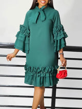Women Shirt Dress Loose 4 3 Sleeves Pleated Ruffles Bow Collar