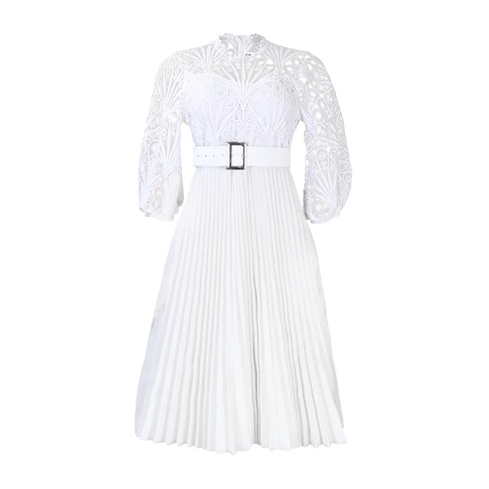 Elegant Church Dresses for Women Lace Hollow Out Patchwork Pleated Female Gowns