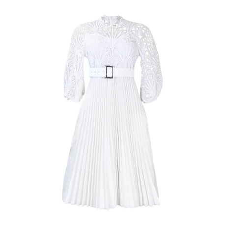 Elegant Church Dresses for Women Lace Hollow Out Patchwork Pleated Female Gowns