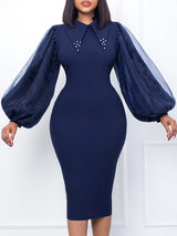 Women Long Lantern Sleeves Dress Turn Down Collar Autumn Fashion