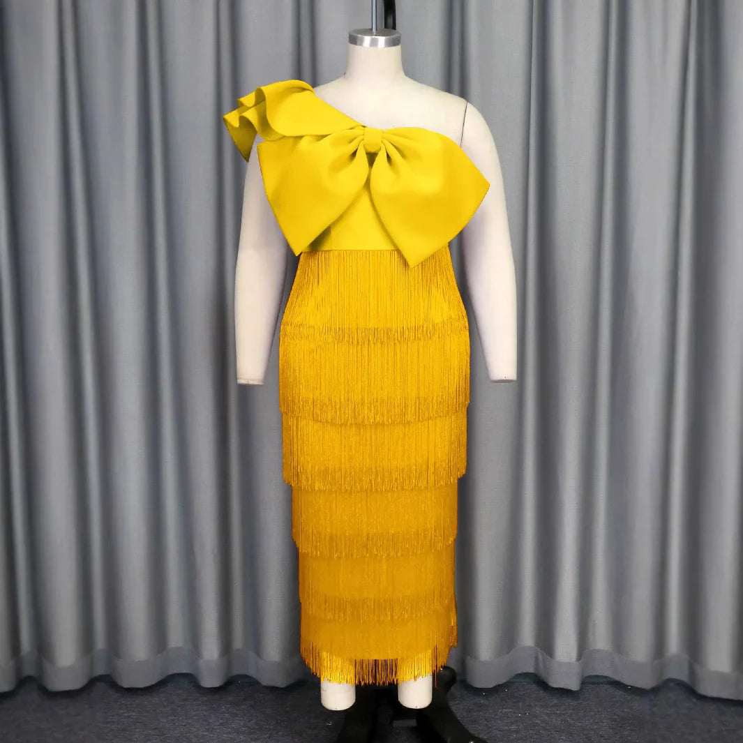 AOMEIDRESS One Shoulder Tassel Dresses Sexy Big Bow Ruffles Wedding Guest Occassion Yellow / S