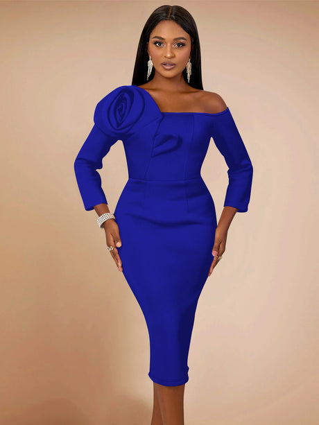 Women One Shoulder Midi Dresswith 3D Flower Asymmetric Sleeve